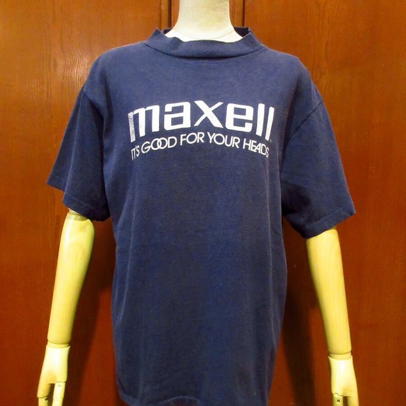 ビンテージ80's○maxell プリントTシャツ紺○210625j1-m-tsh-ot