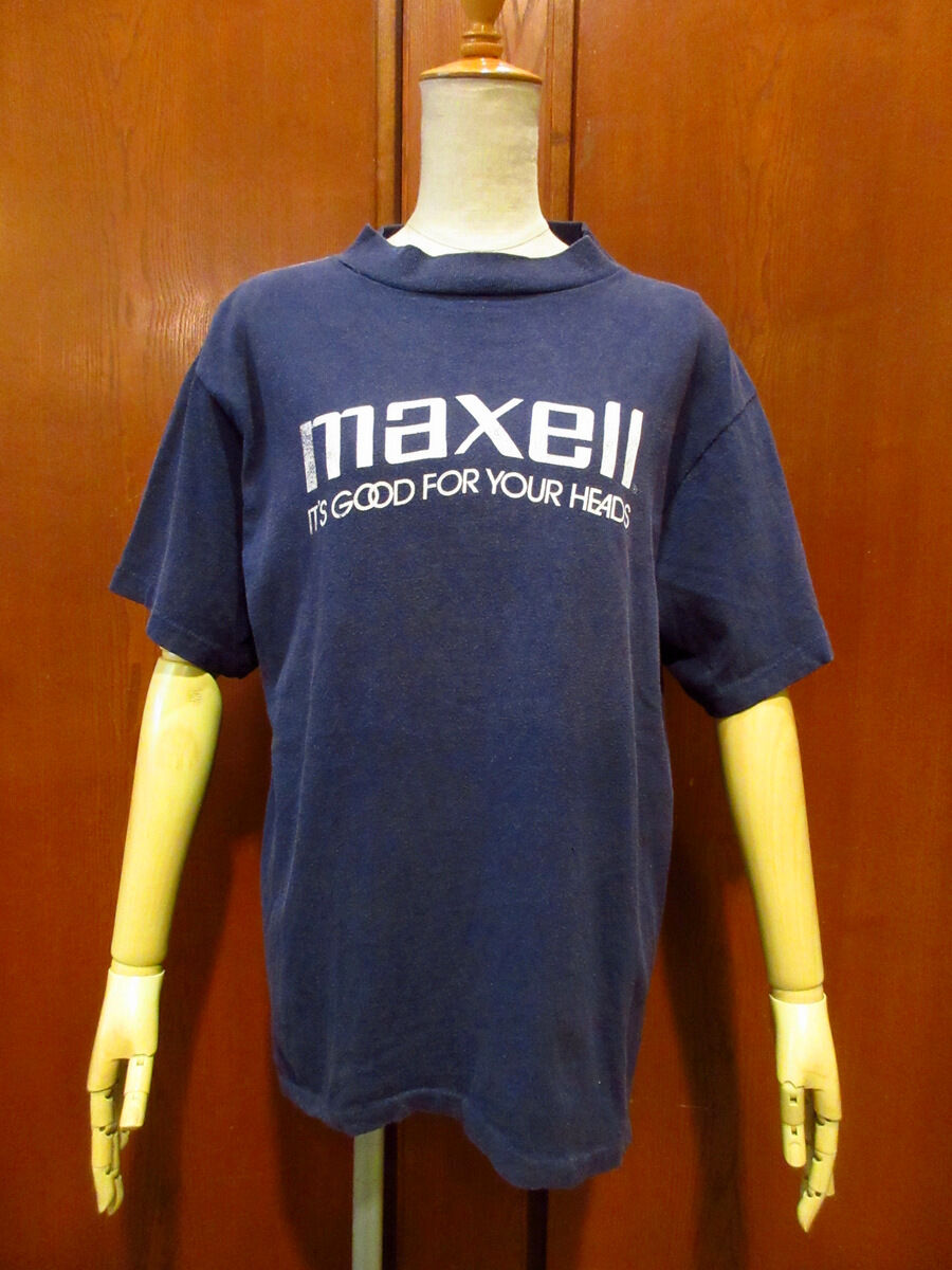 ビンテージ80's○maxell プリントTシャツ紺○210625j1-m-tsh-ot マク...
