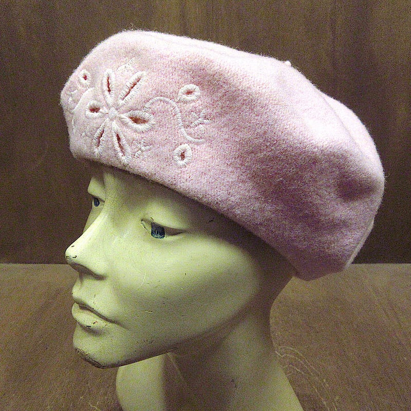 ビンテージ○フラワー刺繍入りウールベレー帽薄ピンク○221118k6