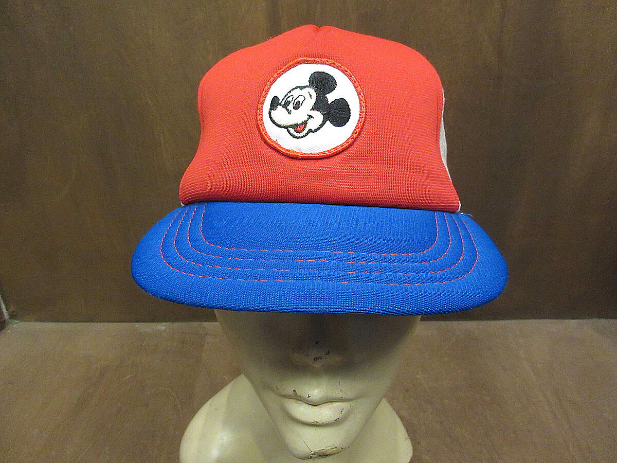 80sDisneyミッキー 60周年 ヴィンテージ メッシュキャップUSA購入品 ビンテージ80's○ミッキーマウストリコロールスナップバックメッシュ