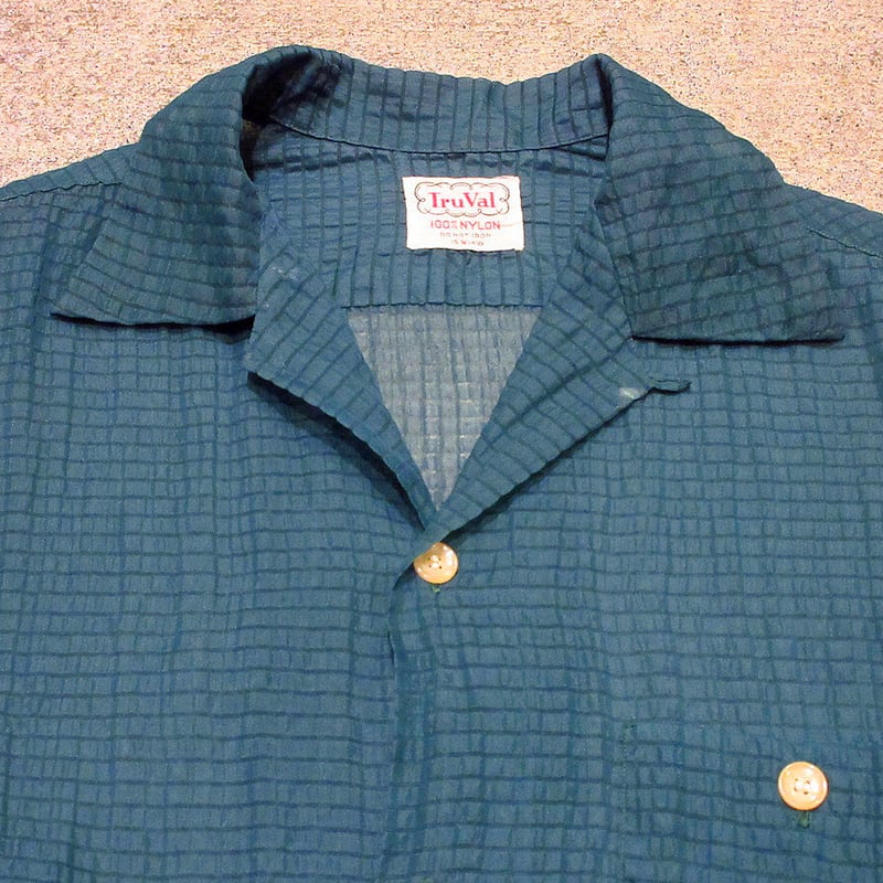 ビンテージ50's○Tru Val ナイロンシアサッカーループカラーシャツ緑 M