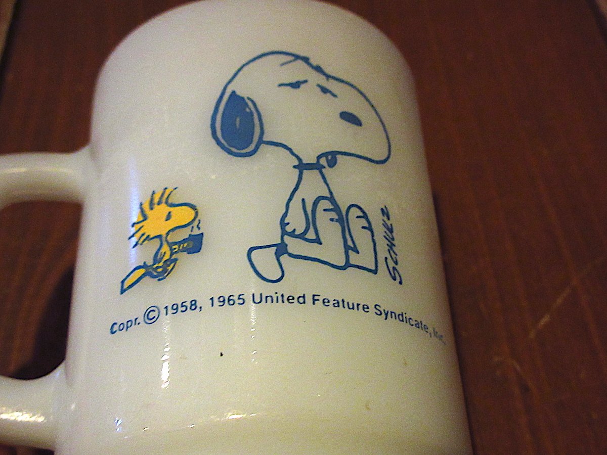 ビンテージ○Fire Kingスヌーピー＆ウッドストック9オンスマグ白