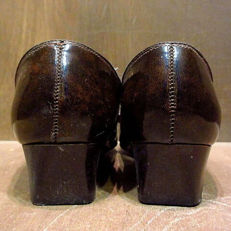 ビンテージ70's●DEADSTOCK リボン付きエナメルパンプス茶 7 1/2B●210206n1-w-pmp-245cm デッドストックレディースシューズ靴古着