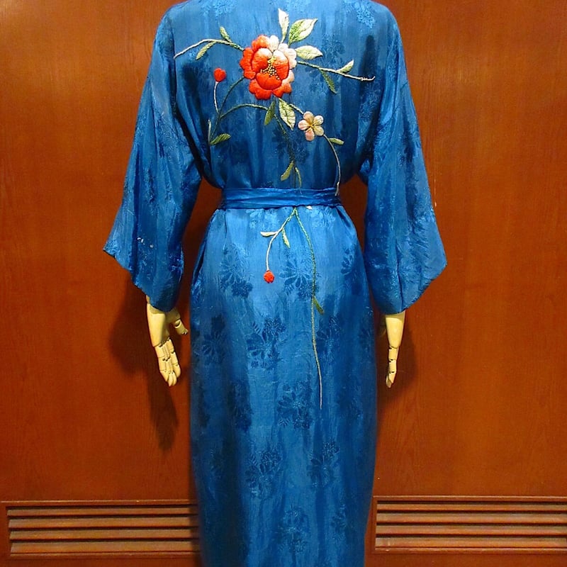 ビンテージ40's○花刺繍サテンガウン青○220621c1-w-gwn 1940sローブ