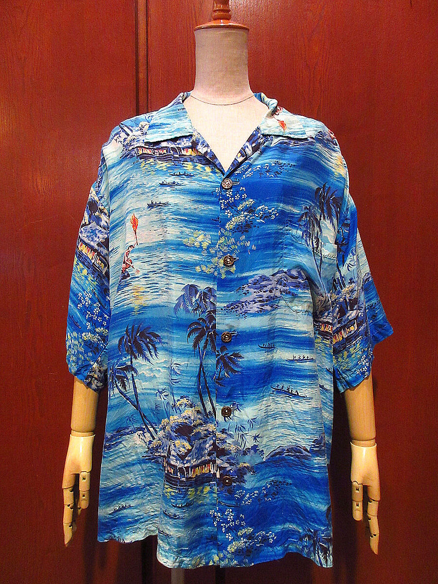 アロハシャツ ヴィンテージ ハワイ製 Hookano 昭和レトロ 古銭ボタン