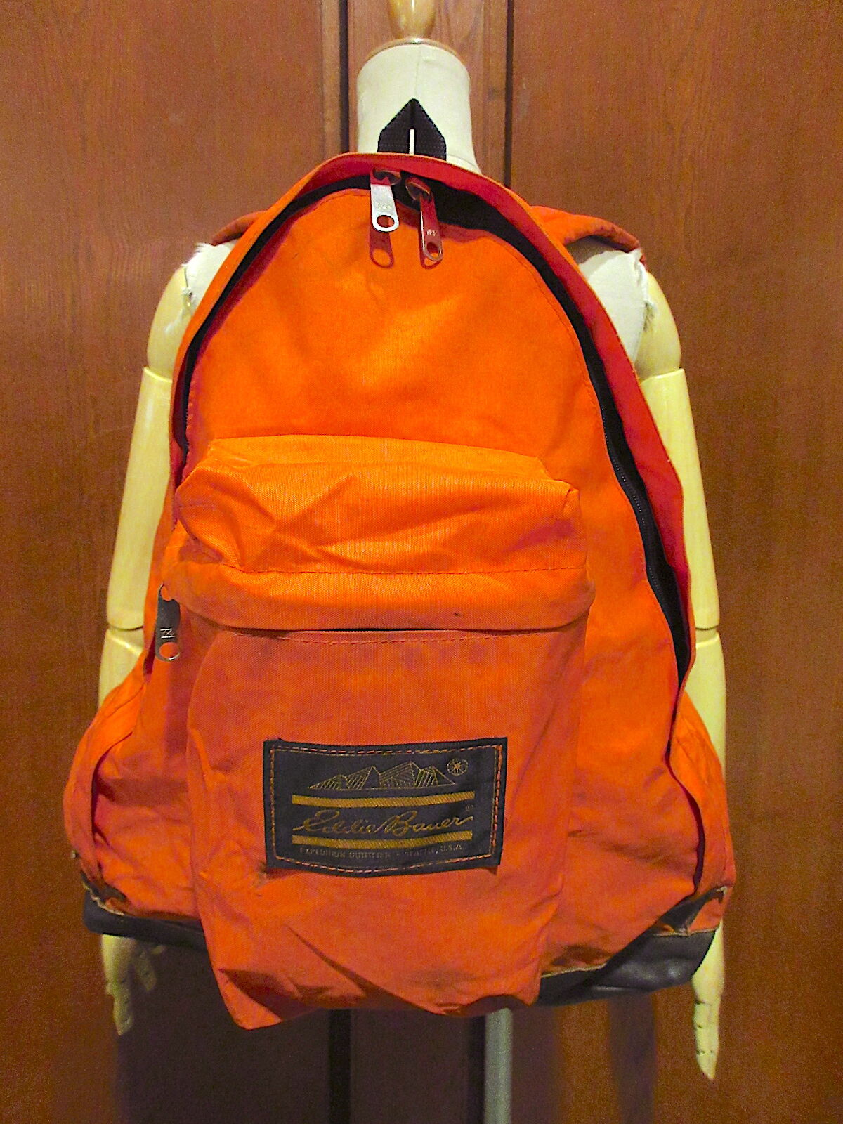 ビンテージ70's80's○Eddie Bauerボトムレザーナイロンバックパック橙