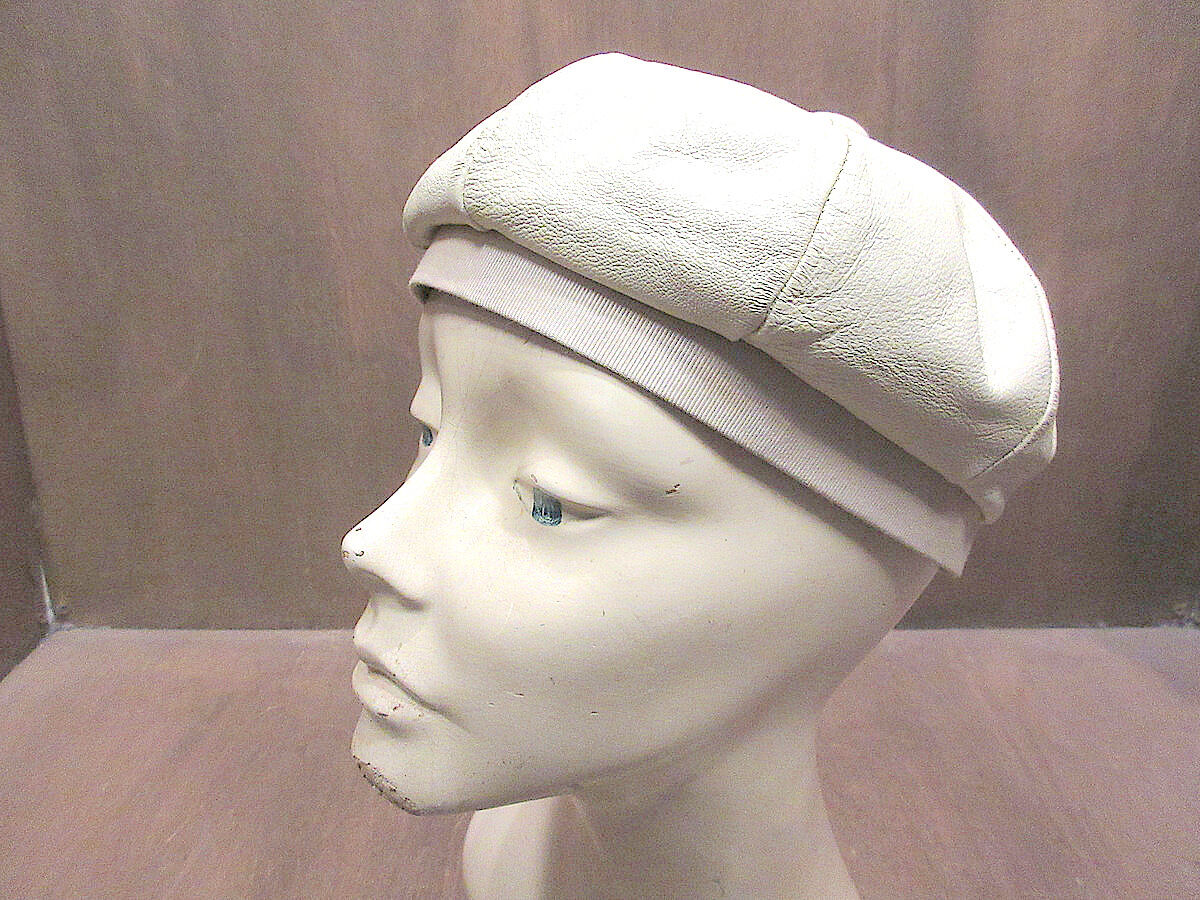 ビンテージ60's70's○レディースレザーベレー帽生成り○230824j2-w-cp