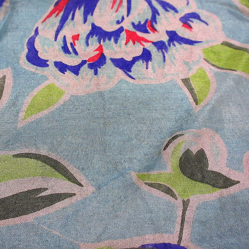 ビンテージ~70's○花プリントシルクスカーフ水色○240407i6-scf