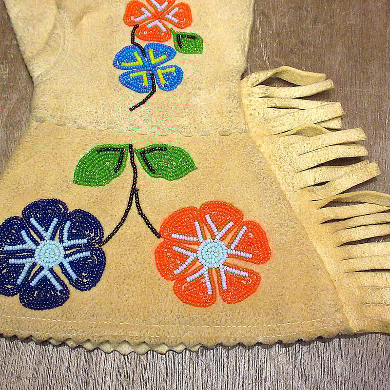 ビンテージ~30's○ネイティブアメリカン花ビーズ刺繍コットン