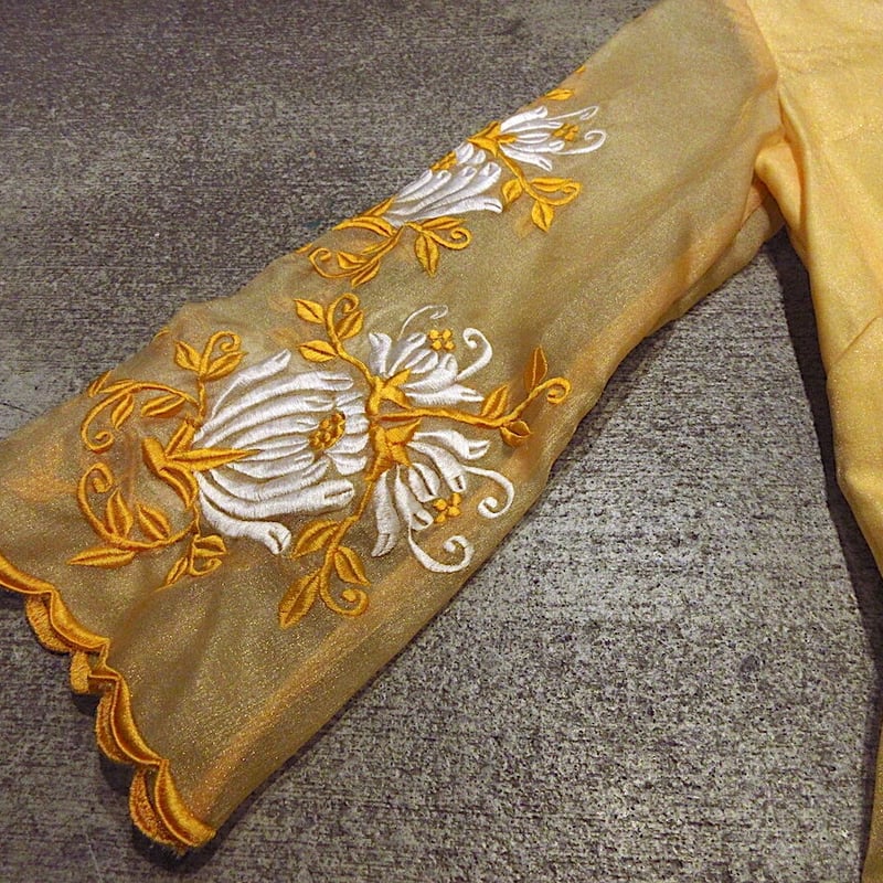 ビンテージ70's○刺繍入りオーガンジー長袖ワンピース黄 ビンテージ70's○刺繍入りオーガンジー長袖ワンピース黄
