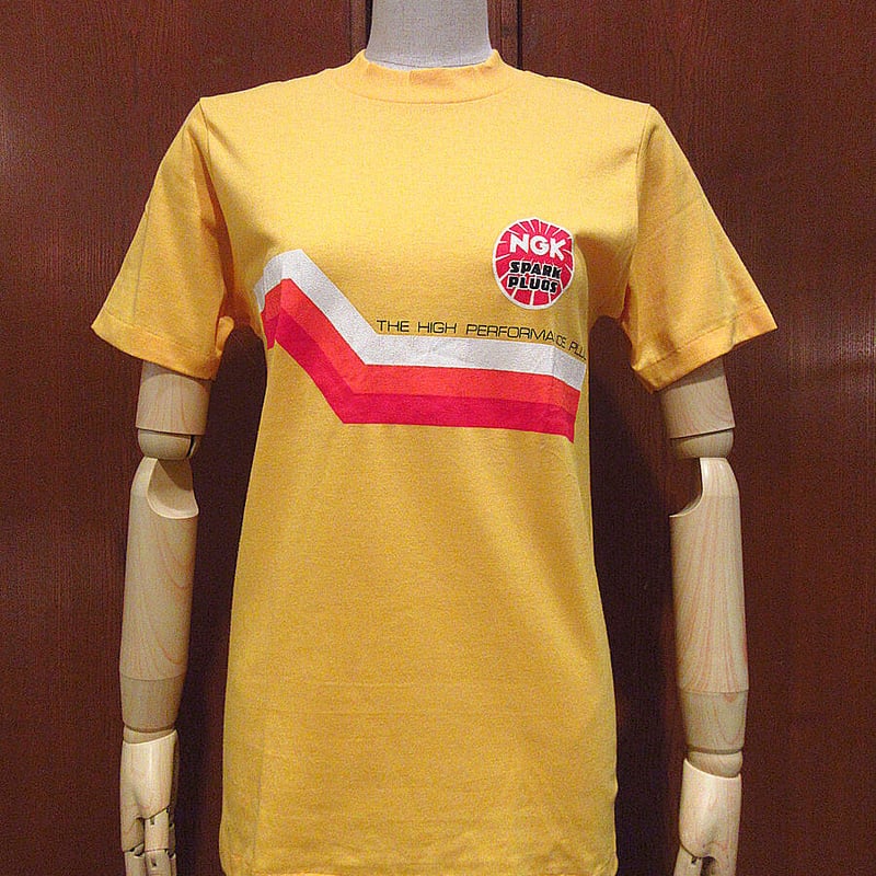 ビンテージ70's○DEADSTOCK NGK SPARK PLUGSプリントTシャツ黄S