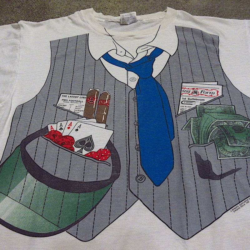 ヴィンテージ・80年代 GENETVIVIEN/バブリースーツドレスMタグあり品 ビンテージ80's○スーツ騙し絵プリントTシャツsize XL(46-48