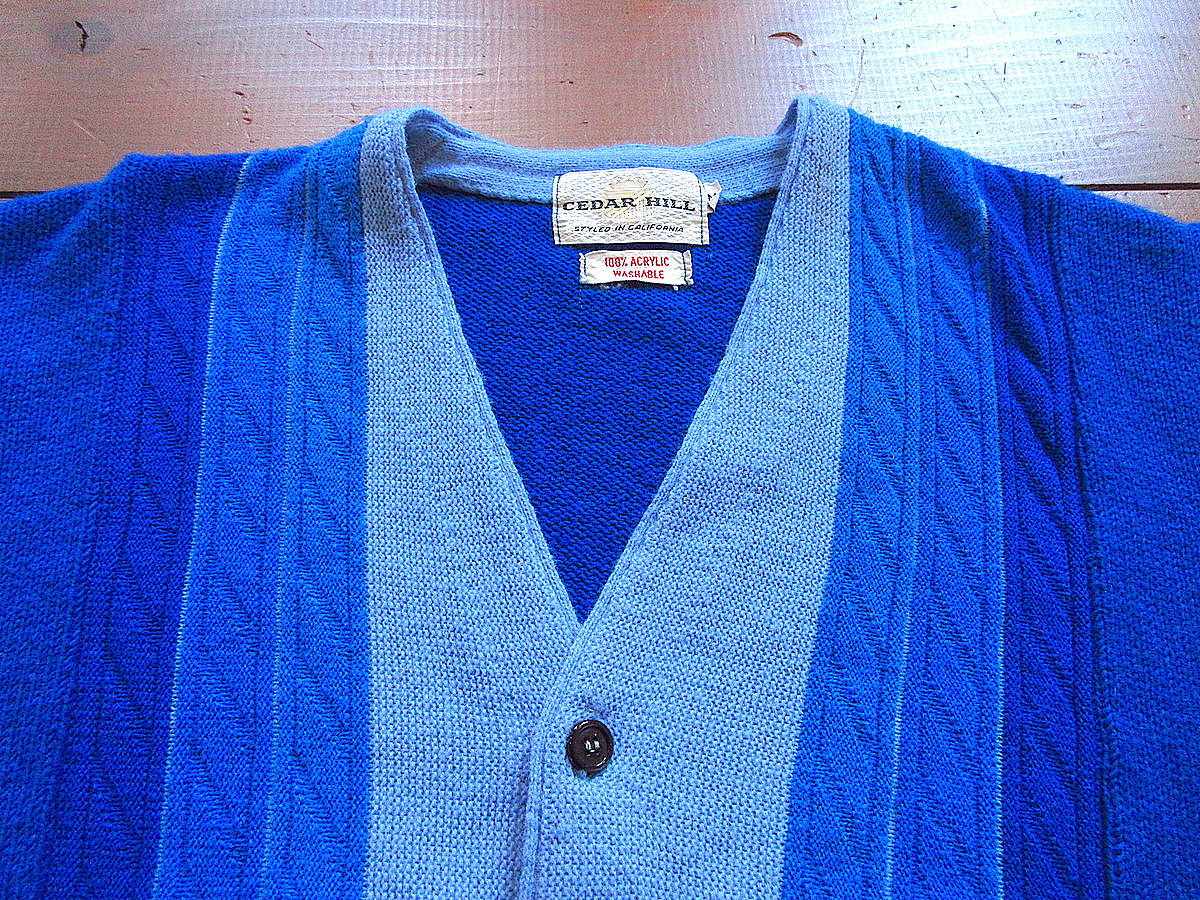 ビンテージ60's70's○CEDAR HILLアクリルカーディガン青size M○24021