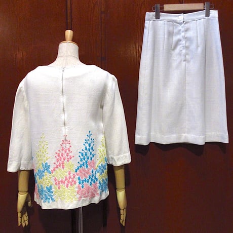 ビンテージ60's●Pantiagueフラワー刺繍コットン七分袖トップス&スカートツーピース●221014c3-w-stup1960sセットアップレディース