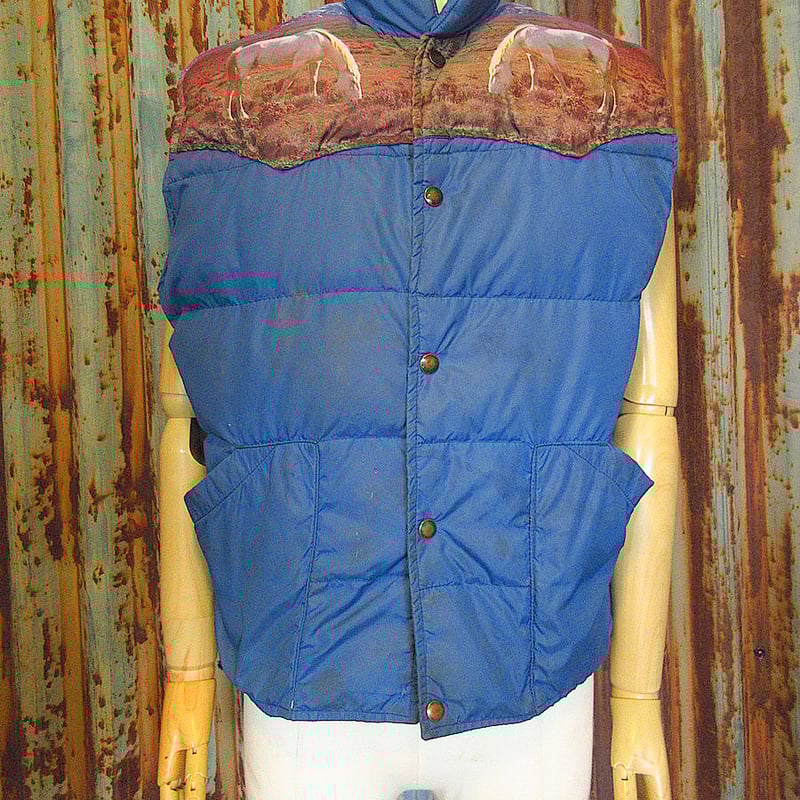 ビンテージ70's○フォトプリント切り返しダウンベスト青size M
