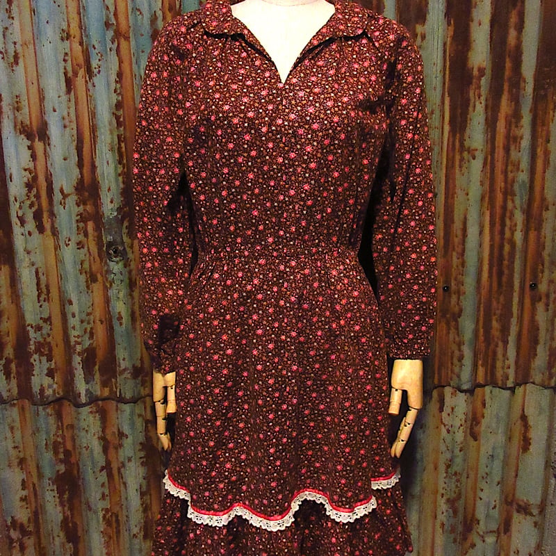 ビンテージ70's○レース付き花柄長袖ワンピース○260227j2-w ビンテージ70's○レース付き花柄長袖ワンピース○260227j2-w