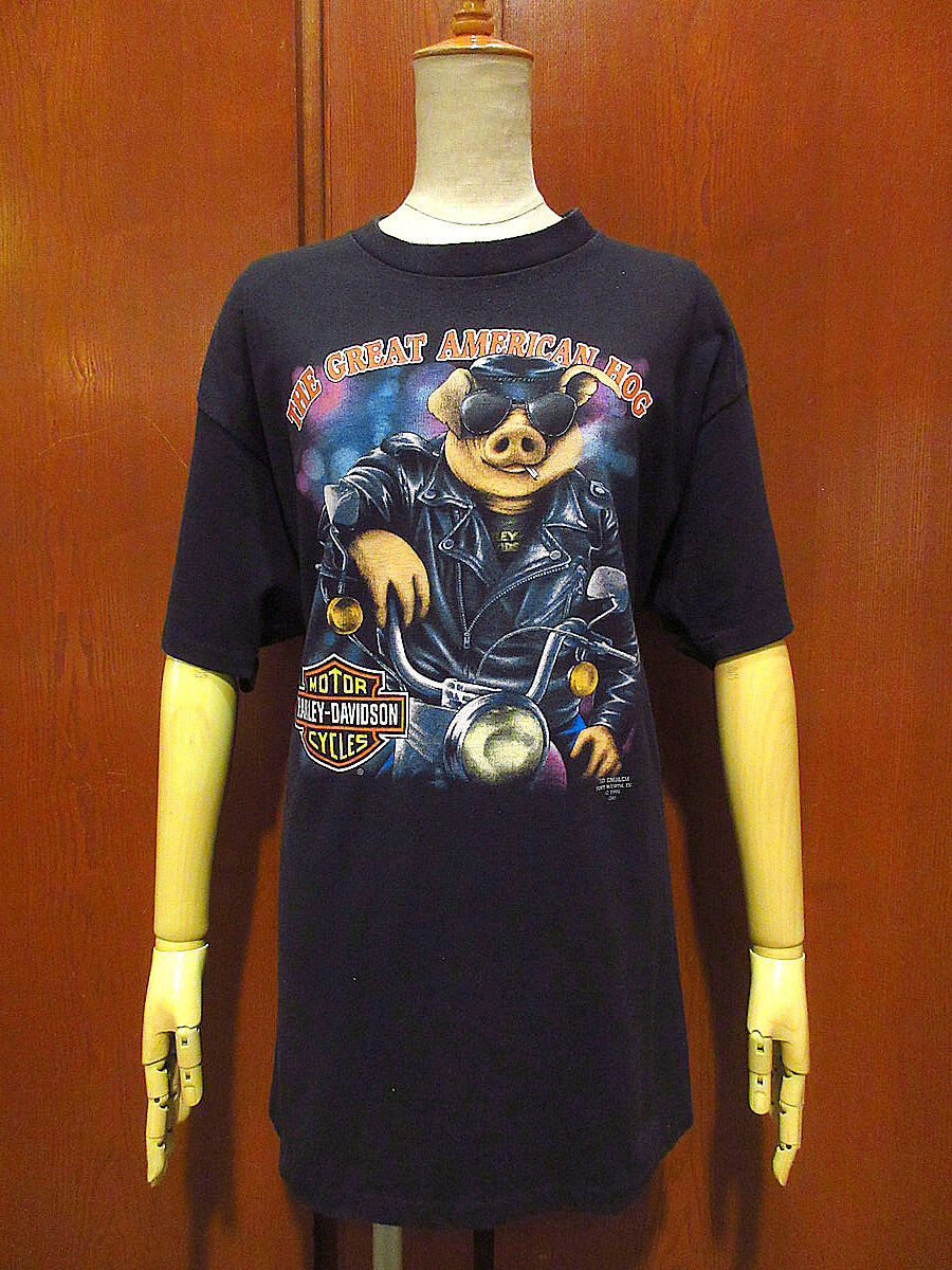 グッドフェード L 美品 90s ハーレーダビッドソン 3Dエンブレム Tシャツ 90s ハーレーダビッドソン HARLEY 3D エンブレム 豚 Tシャツ