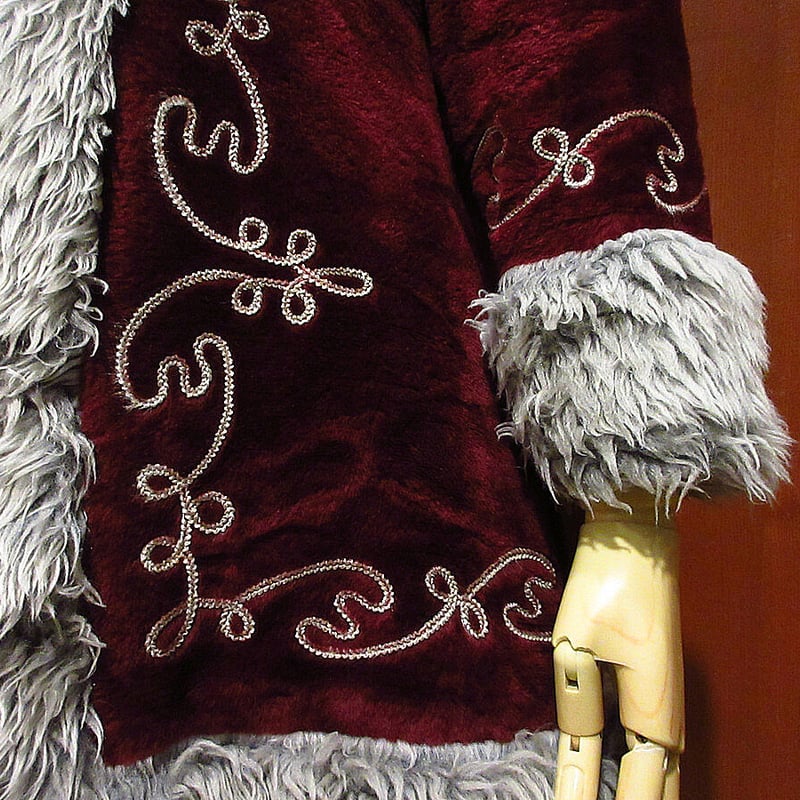 ビンテージ70's○レディースフード付き刺繍フェイクファーコートワイン