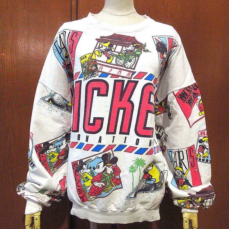 ビンテージ80's○ミッキー×ミニー総柄プリントスウェット白size
