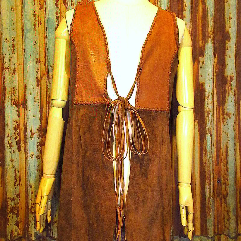 ビンテージ70's○Charレザー×スウェード切り返しヒッピーベスト茶