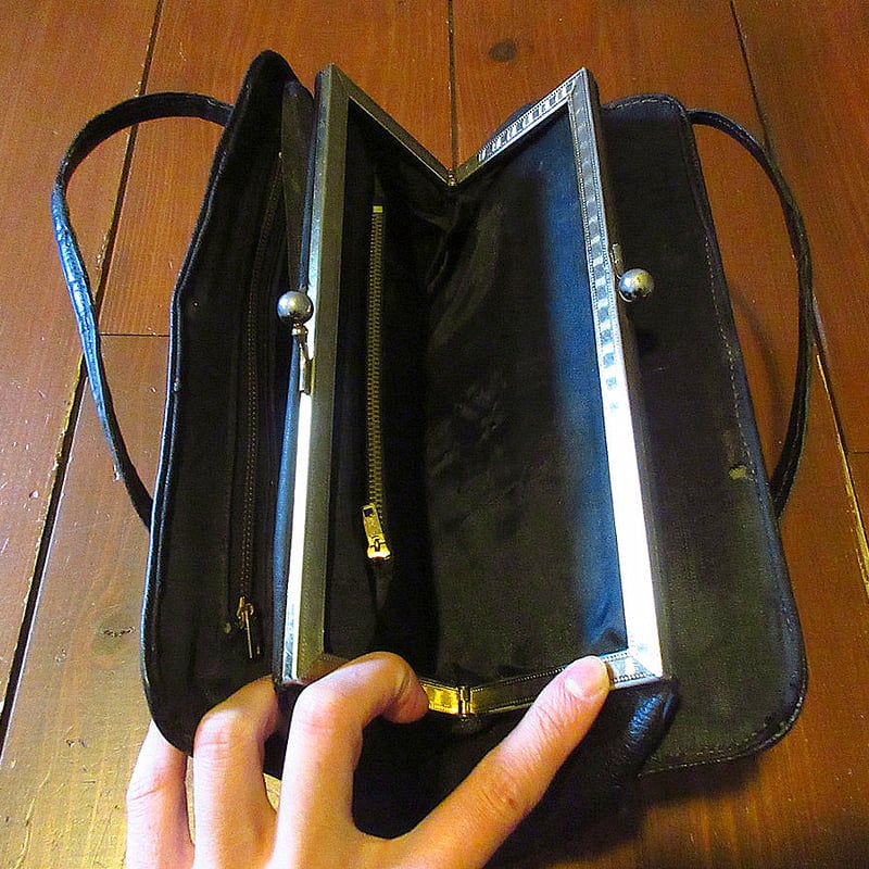 ビンテージ40's○レザーがま口ハンドバッグ黒○250224j4-bag-hnd古着