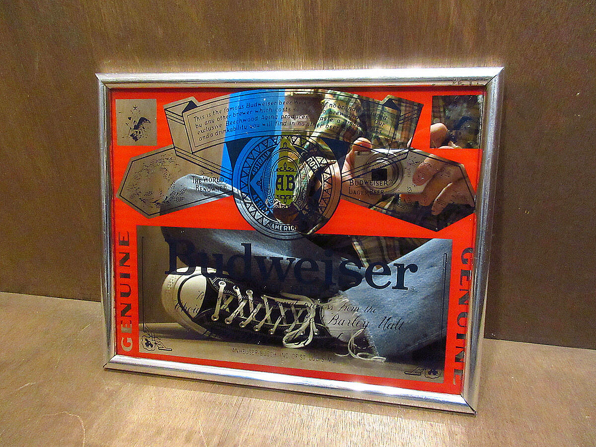 ビンテージ○Budweiserパブミラー○210429n3-signビールバーサイン