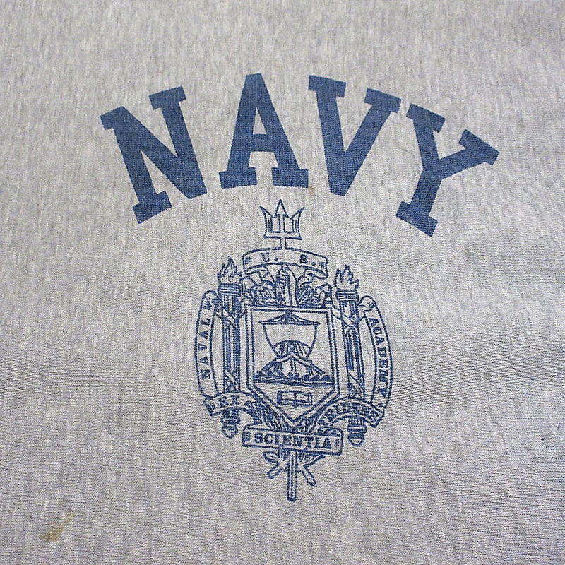 ビンテージ70's○Champion NAVY染み込みプリントリバース