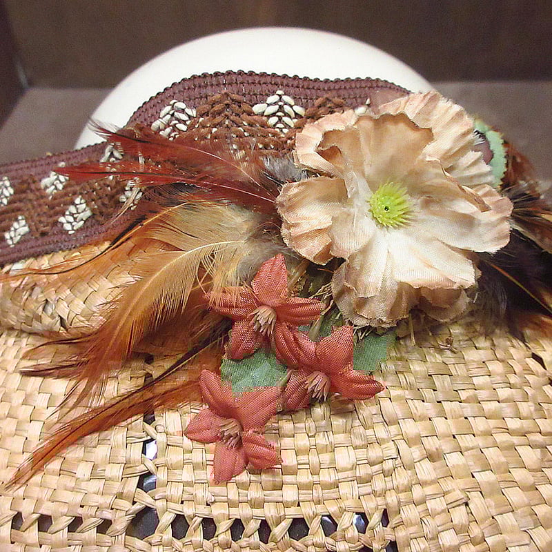 ビンテージ70's○花飾り付きストローサンバイザー○240819i4-w-cp-ot