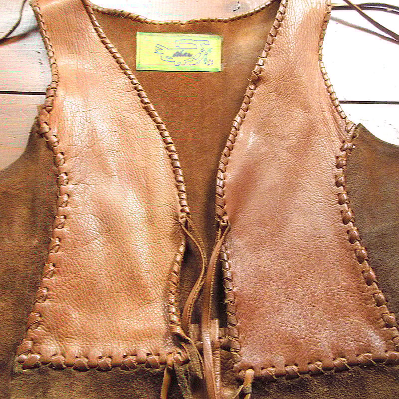 ビンテージ70's○Charレザー×スウェード切り返しヒッピーベスト茶