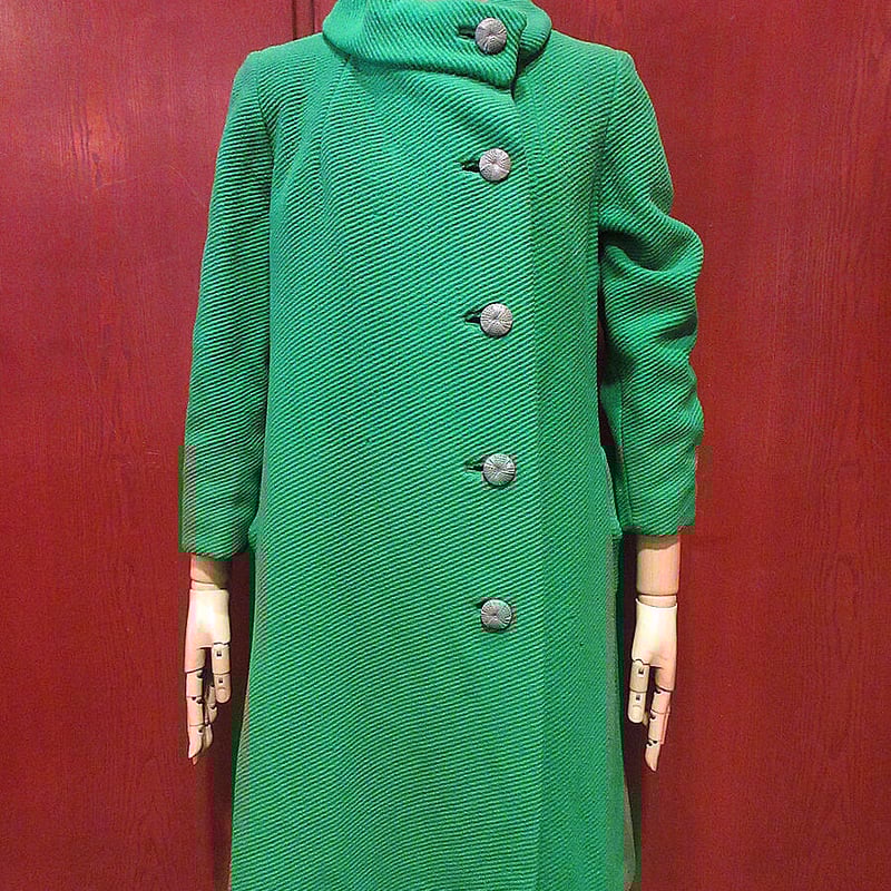 ビンテージ60's70's○Donny brookレディースノーカラーウールコート緑