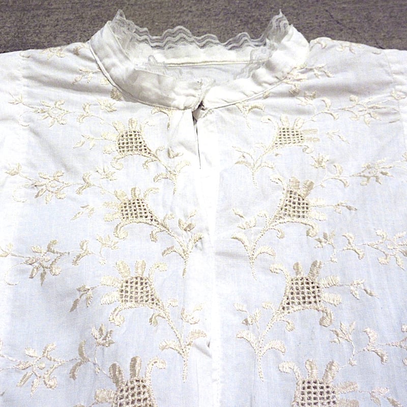 ビンテージ~20's○レディース刺繍×レース付きコットン長袖ブラウス白