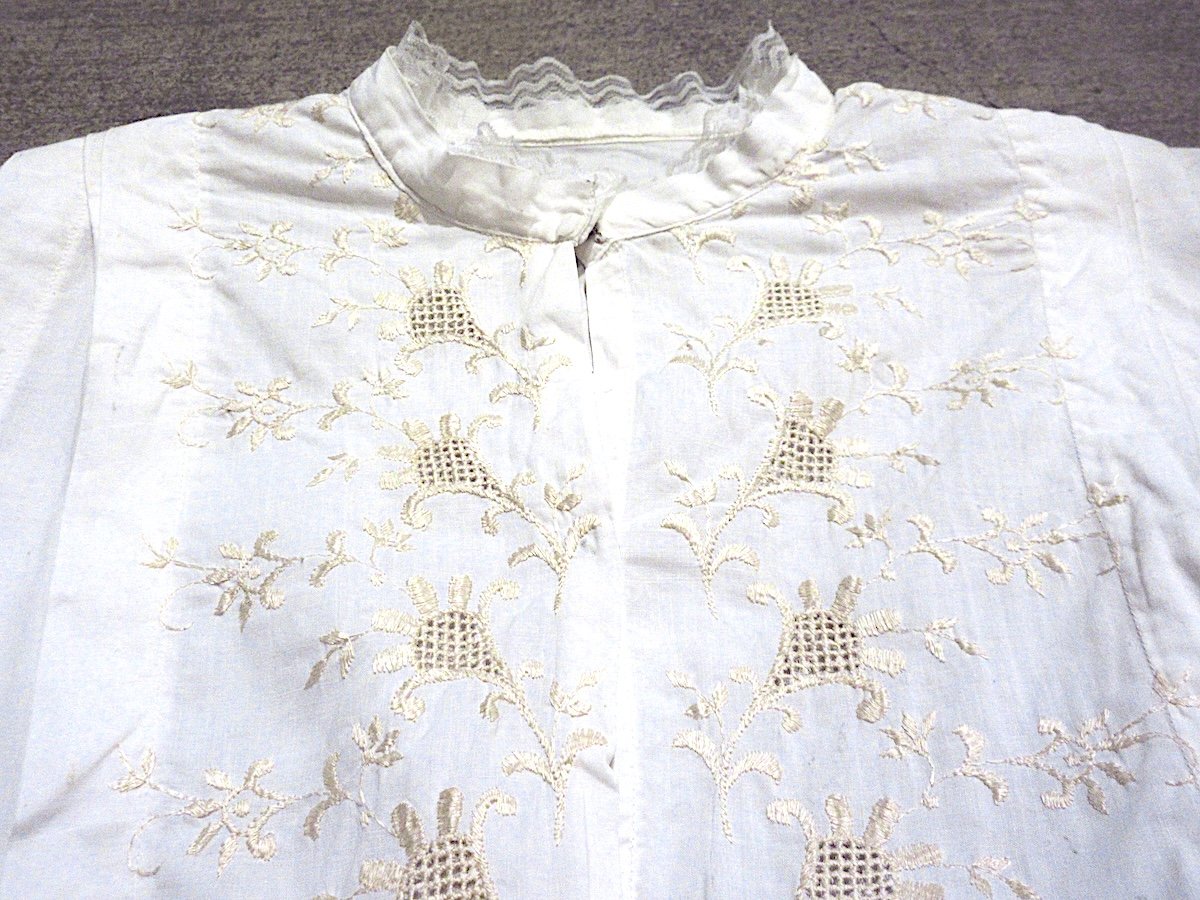 ビンテージ~20's○レディース刺繍×レース付きコットン長袖ブラウス白