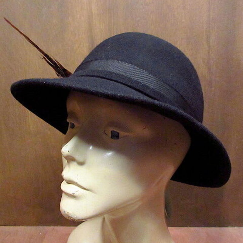 ビンテージ70's○DEADSTOCK レディース羽根付きフェルトハット黒 ビンテージ70's○DEADSTOCK レディース羽根付きフェルトハット黒