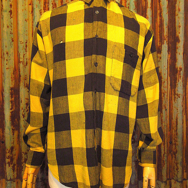 90s 古着　チェックシャツ　ネルシャツ　オレンジ　赤　黄　エルボーパッチ　XL 9372c1494559ce8d5de0c744c2f146