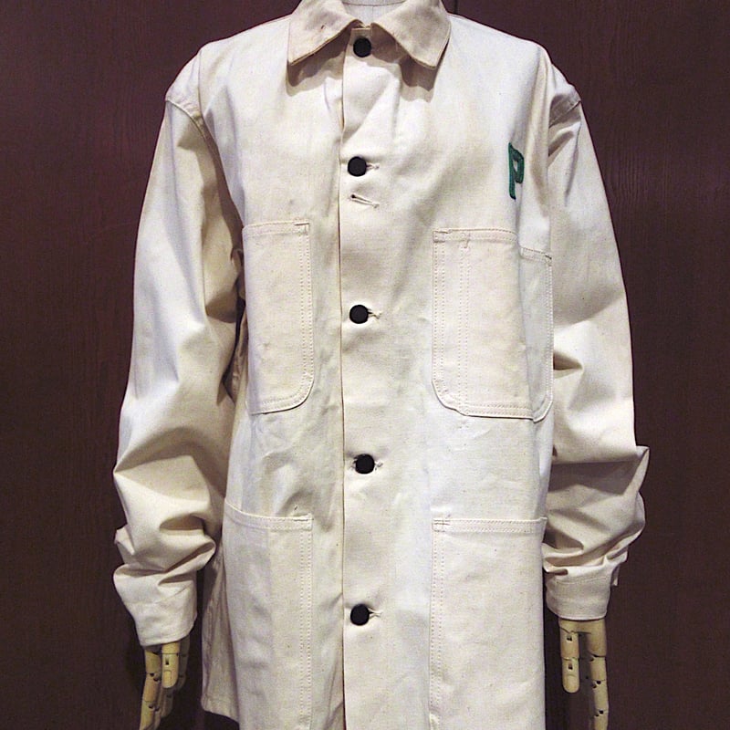 ビンテージ40sユーロ古着カバーオールXLメンズレディースokリネン白シャツ中古 ビンテージ40's○DEADSTOCK刺繍入りカバーオール生成りsize 42○240605m