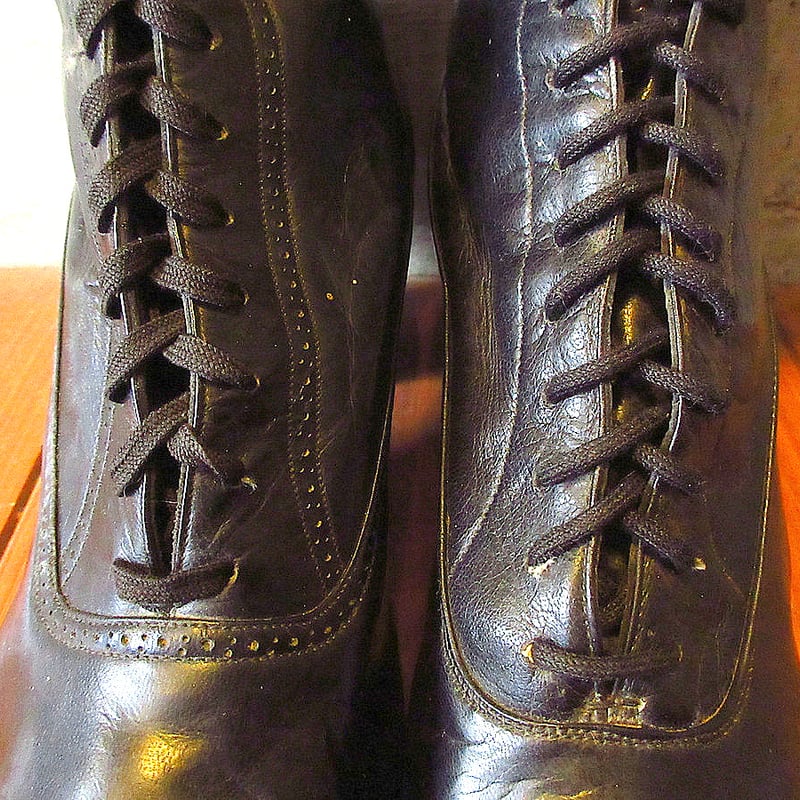 ビンテージ-20's○DEADSTOCKレディースレースアップブーツ左右違い黒