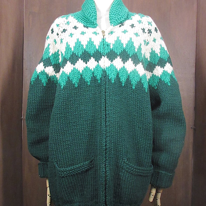 ビンテージ60's○ショールカラーアーガイル柄ウールカウチン緑×白