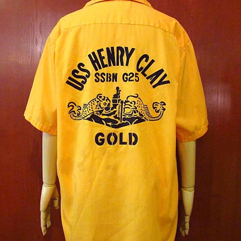 50’s〜60's USA製 ヴィンテージ Be There ボーリングシャツ ビンテージ50's○USS HENRY CLAY SSBN-625ミリタリープリントボウリング