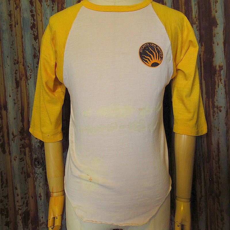 ビンテージ70's80's○STUNTS UNLIMITEDラグランTシャツ黄色×白size