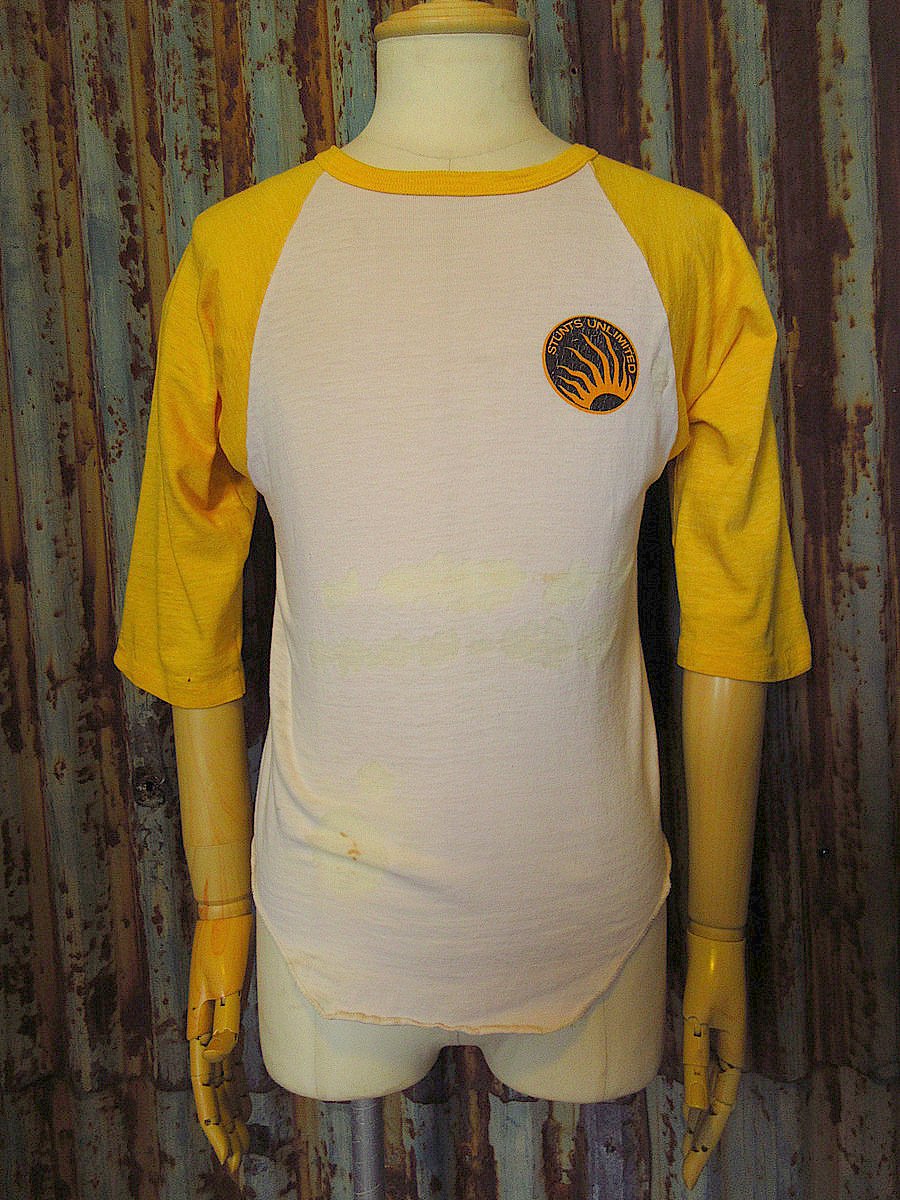 ビンテージ70's80's○STUNTS UNLIMITEDラグランTシャツ黄色×白size