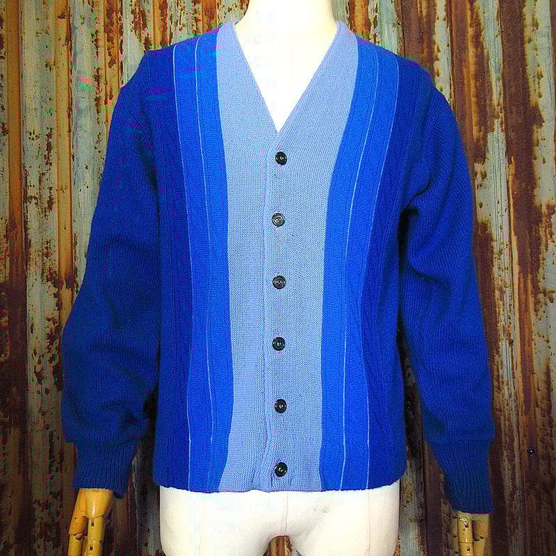 ビンテージ60's70's○CEDAR HILLアクリルカーディガン青size M○24021