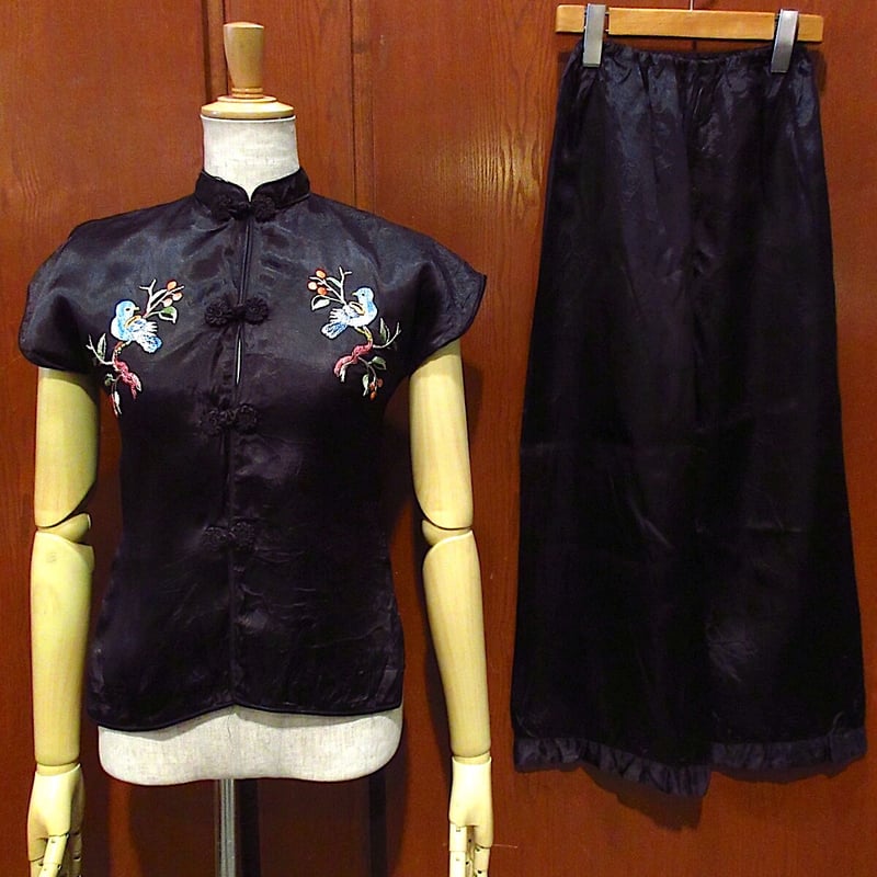 ビンテージ40's50's○レディース鳥刺繍チャイナセットアップ黒
