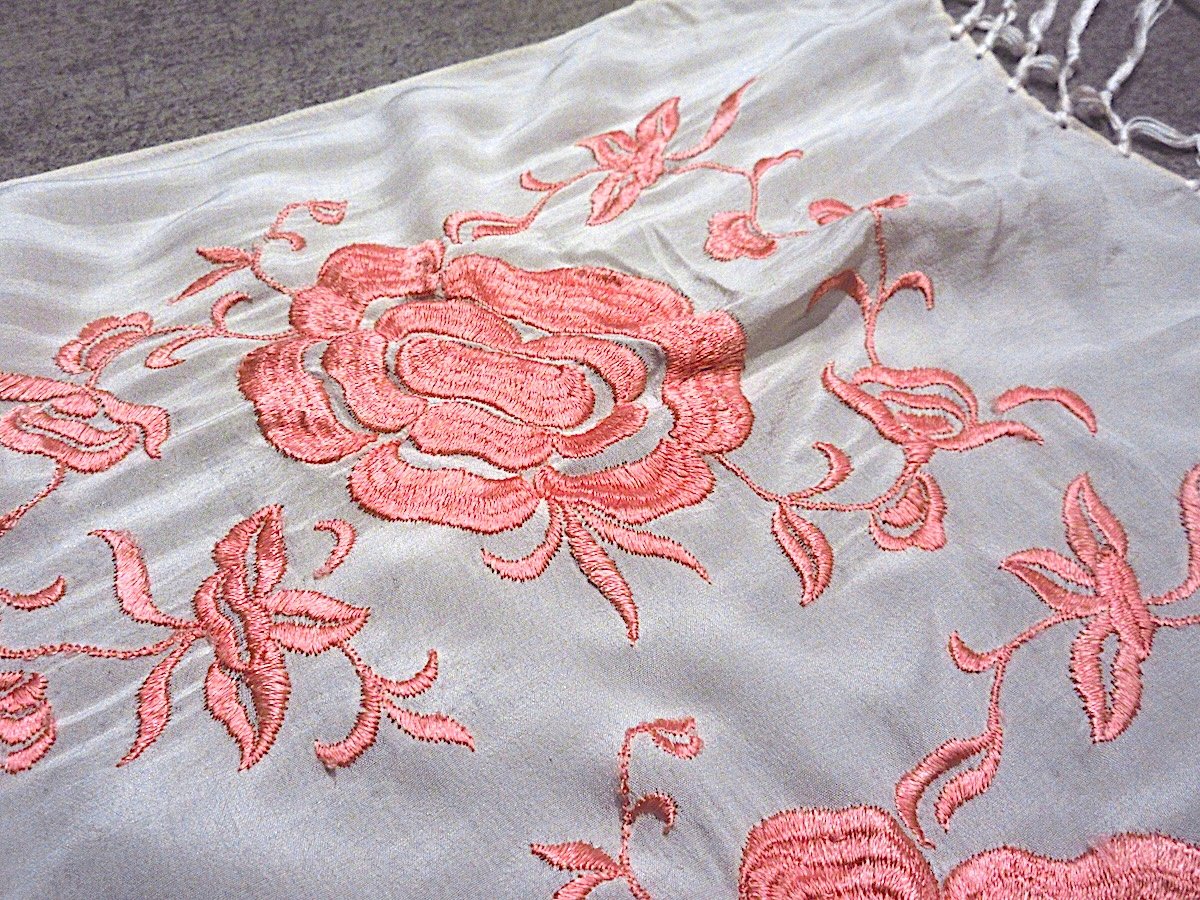 ビンテージ~50's○花刺繍入りシルクストール生成り○260210m4-scf