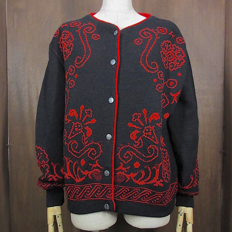 ビンテージ70's80's○PENDLETONレディース総柄ウールカーディガン赤×黒