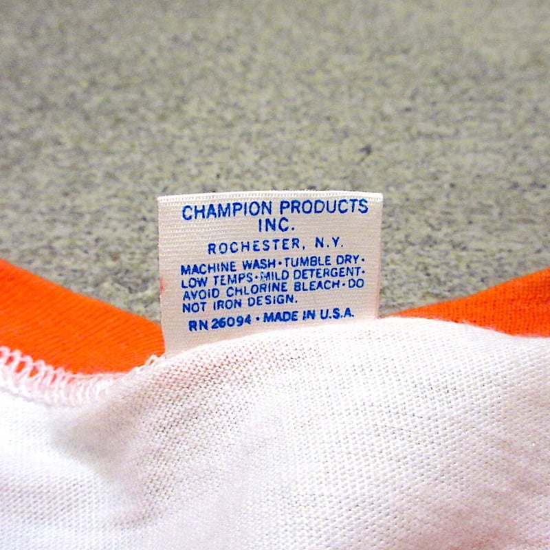 ビンテージ　Champion バータグ　フロッキープリントＴシャツ　古着アメカジ ビンテージ70's○ChampionバータグOSU染み込み×フロッキー