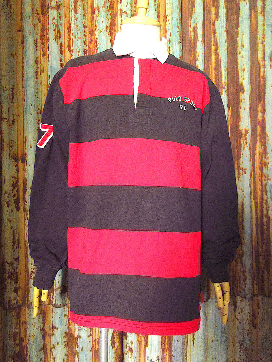 ビンテージ90's○POLO SPORTボーダーラガーシャツ黒×赤size L○241228k