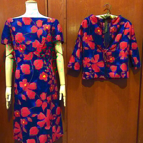 ビンテージ60's70's●花柄七分袖ジャケット&半袖ワンピースツーピース●240308c3-w-stup 1960s1970sレディースセットアップ古着