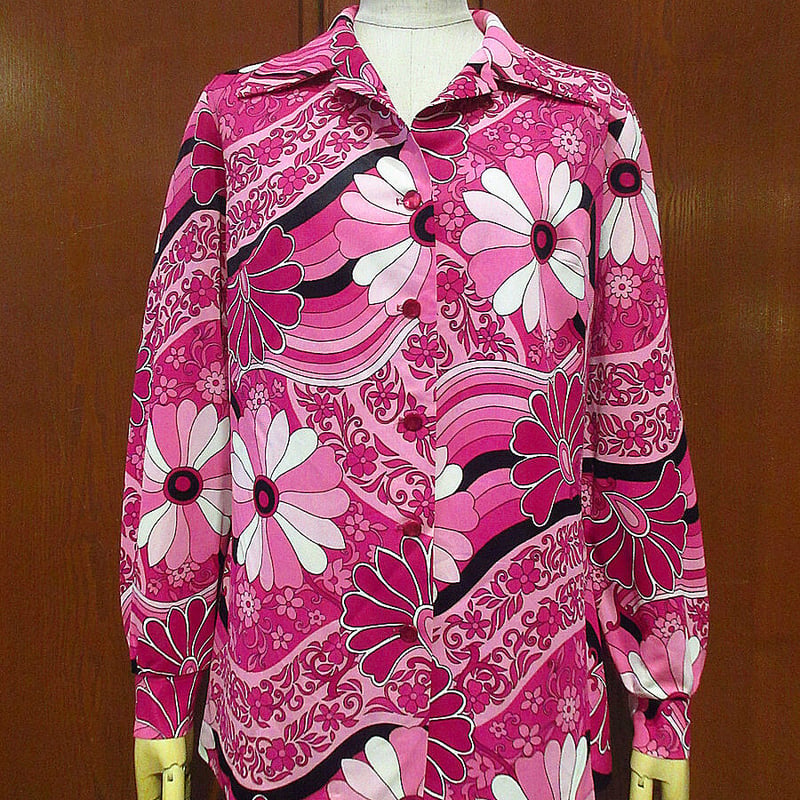 ビンテージ70's○PYKETTESレディースサイケ花柄オープンカラー長袖