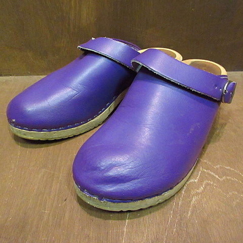 ビンテージ○MADE IN SWEDENストラップ付きレザーサボ紫size42○200815n