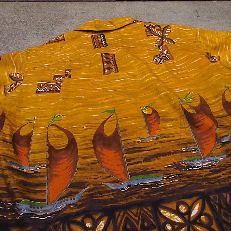 ビンテージ60's70's○Casual Caireコットン総柄ハワイアンシャツ